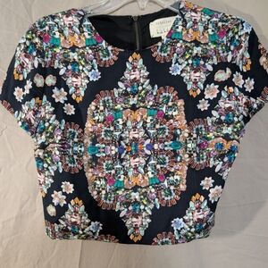 Nicole Miller Black Multicolor Patterned Crop Top